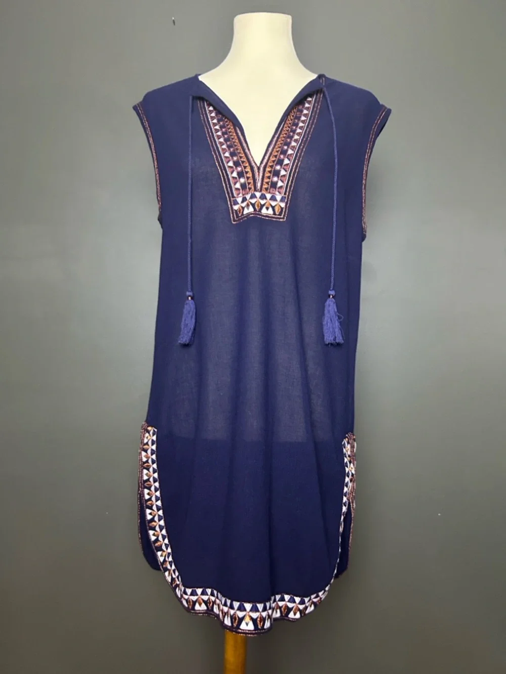 J. Crew Navy Embroidered Tassel Swim Coverup